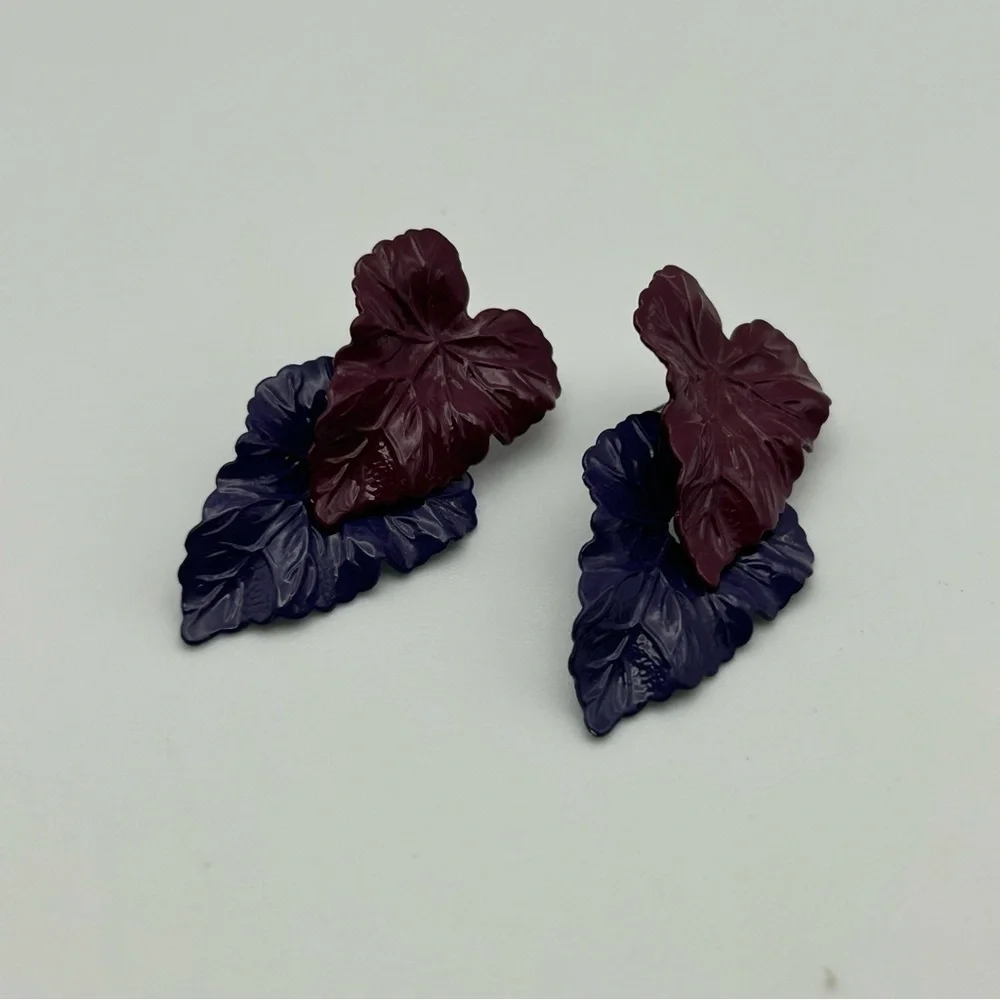 Vintage Lightweight Magenta and Purple Two Layered Textured Leaf Stud Earrings